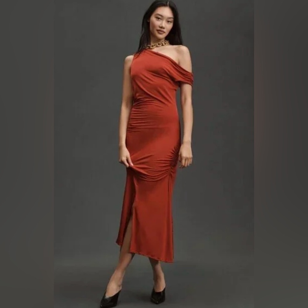 Anthropologie Asymmetrical Slim Cocktail Formal Midi Dress Size M Chill Red